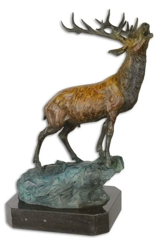 Casa Padrino Luxus Bronzefigur Hirsch auf Felsen Bronze / Blau / Schwarz 26,3 x 18,3 x H. 37,8 cm - Bronze Skulptur mit Marmorsockel Preiswert