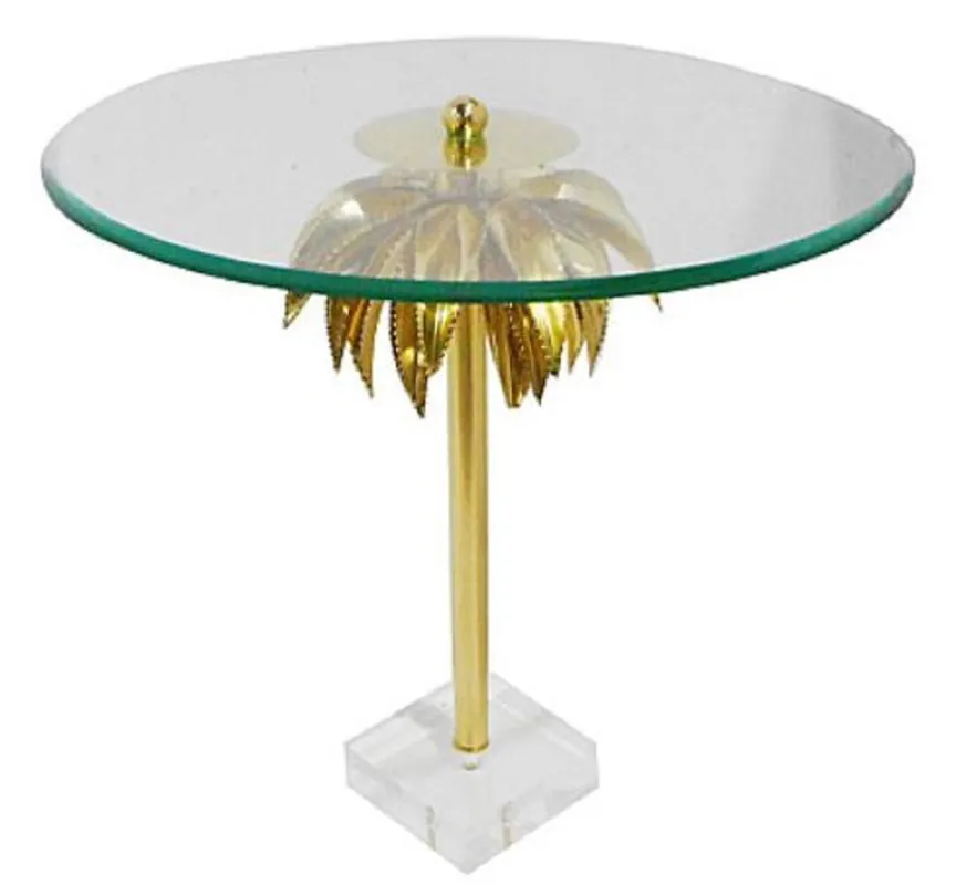 Casa Padrino Designer Beistelltisch Palme Messing Ø 55 x H. 55 cm - Runder Stahl Tisch mit Glasplatte und Acryl Fuß - Wohnzimmer Möbel Direkt Vom Hersteller