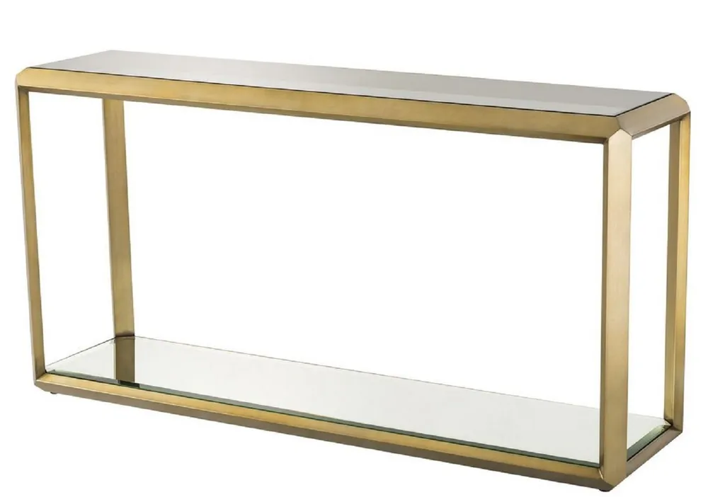 Bestpreis Casa Padrino Luxus Konsole Messingfarben / Schwarz 150 x 40 x H. 78 cm - Edelstahl Konsolentisch mit Glasplatte und Spiegelglas - Luxus Wohnzimmer Möbel