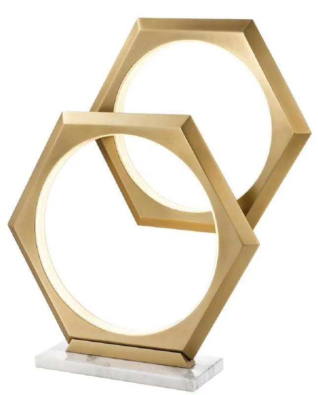 Neue Ware Casa Padrino Luxus LED Tischleuchte Antik Messing / Weiß 52 x 14 x H. 58 cm - Dimmbare Designer Tischlampe mit Marmorsockel - Luxus Kollektion