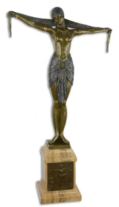 Neue Ware Casa Padrino Luxus Bronze Skulptur Tänzerin mit Schal Bronze / Blau / Beige 46,2 x 18,8 x H. 82,1 cm - Bronzefigur mit Marmorsockel - Dekofigur