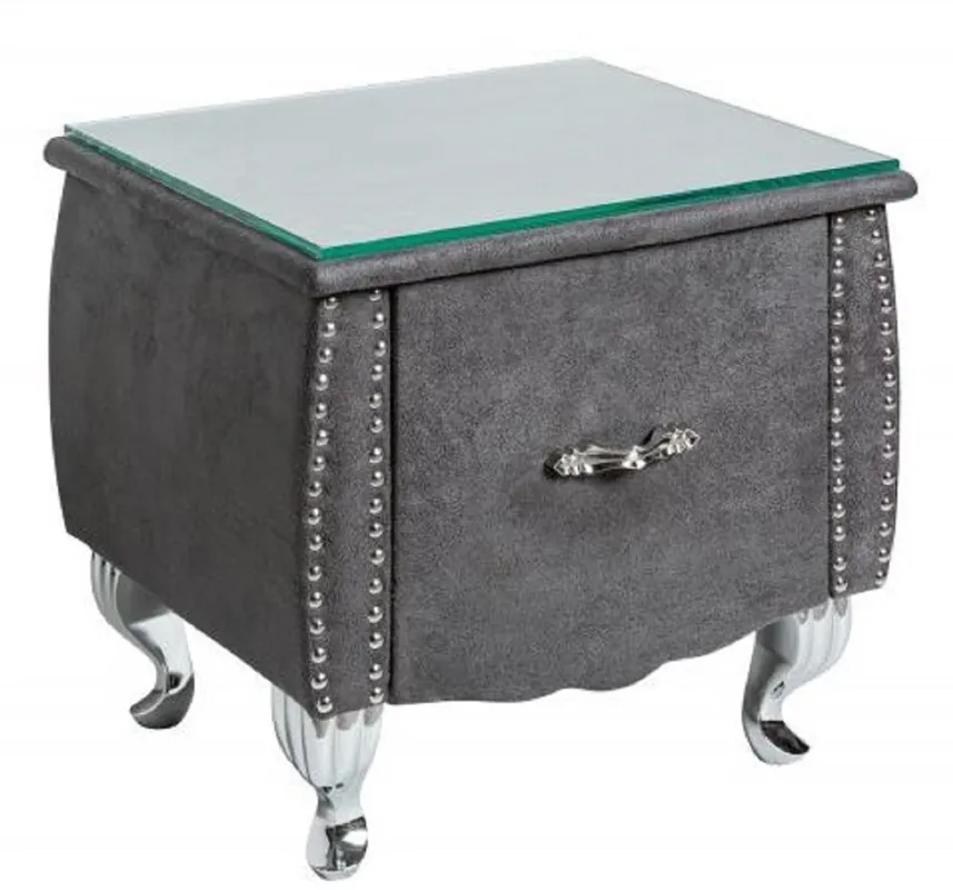 Casa Padrino Art Deco Nachttisch mit Schublade und Glasplatte Antik Grau / Silber 47 x 41 x H. 45 cm - Schlafzimmermöbel Beliebt