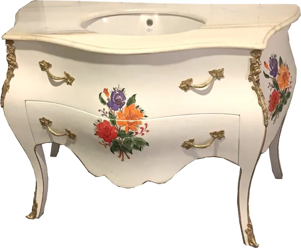 Mega-Angebot Casa Padrino Luxus Barock Waschtisch Kommode Weiß / Blumenbemalung mit Marmorplatte - Luxus Barock Badezimmermöbel