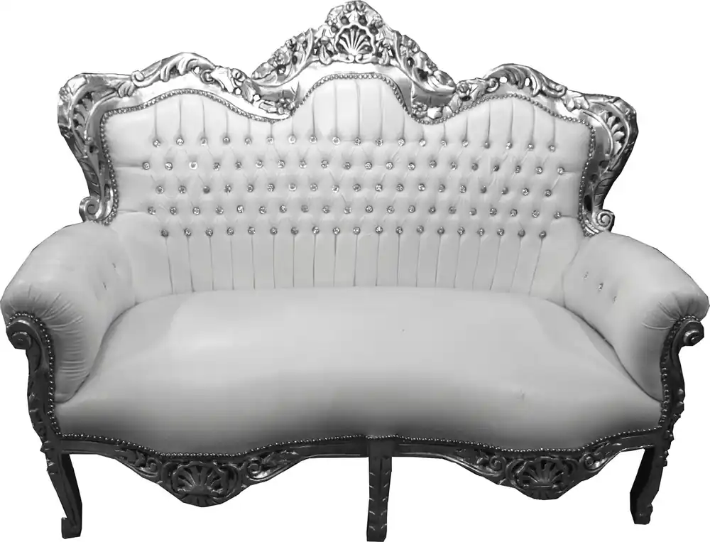 Casa Padrino Barock 2-er Sofa King Weiß Lederoptik / Silber mit Bling Bling Glitzersteinen - Wohnzimmer Couch Möbel Lounge Highlight