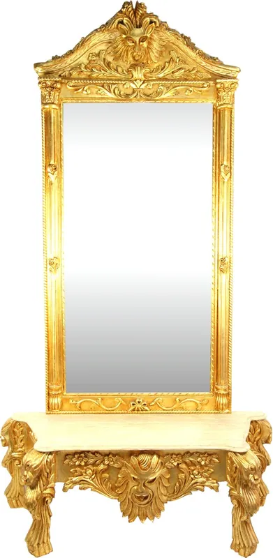 Große Casa Padrino Barock Spiegelkonsole Gold mit Marmorplatte Grimasse 140 x 50 x H250 cm - Spiegel Konsole - Eyecatcher Solange Der Vorrat Reicht