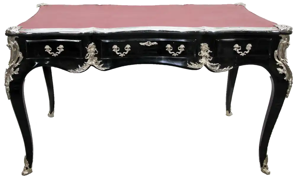 Garantierte Lieferung Casa Padrino Luxus Barock Schreibtisch mit 3 Schubladen und massiven Metallapplikation Schwarz / Silber / Bordeaux 141 x 65 x H. 80 cm - Barock Büromöbel Sekretär