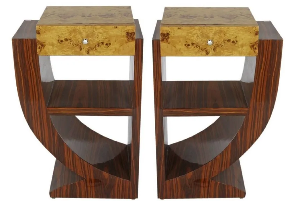 Casa Padrino Art Deco Beistelltisch Set Braun / Hellbraun 50 x 40 x H. 75 cm - Mahagoni & Wurzelholz Beistelltische mit Schublade - Nachttische - Luxus Qualität Top-Seller