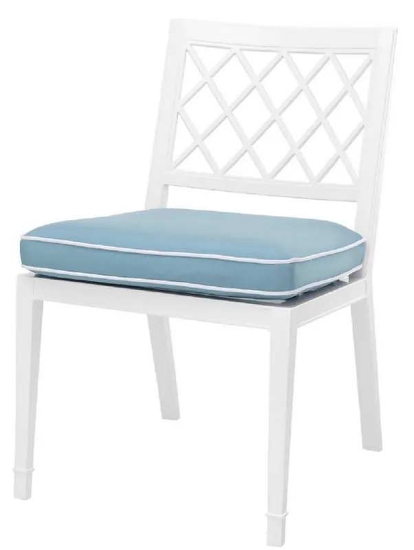 Casa Padrino Luxus Esszimmerstuhl Weiß / Hellblau 53 x 66 x H. 87 cm - Aluminium Küchenstuhl mit Kissen - Esszimmermöbel Versand Am Gleichen Tag