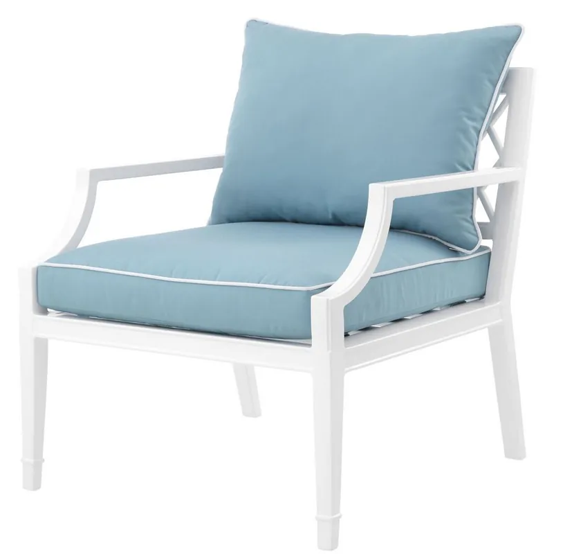 Casa Padrino Luxus Sessel mit Kissen Weiß / Hellblau 68,5 x 80 x H. 79 cm - Sessel aus hochwertigen strapazierbarem Aluminium - Wohnzimmermöbel - Gartenmöbel - Gastronomie Möbel Preiswert