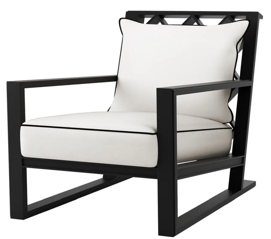 Angebot Casa Padrino Luxus Sessel mit Kissen Mattschwarz / Weiß 70 x 88 x H. 78 cm - Sessel aus hochwertigen strapazierbarem Aluminium - Wohnzimmermöbel - Gartenmöbel - Gastronomie Möbel