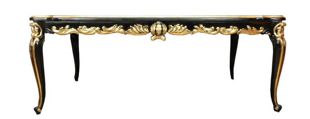 Preisreduziert Pompöös by Casa Padrino Barock Luxus Esstisch mit Glasplatte Schwarz / Gold 160 x 100 cm - Pompööser Barock Esstisch designed by Harald Glööckler