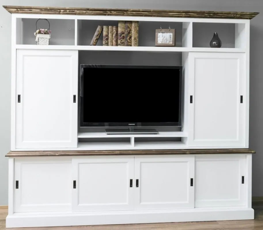 Casa Padrino Landhausstil Fernsehschrank mit 6 Schiebetüren Weiß / Braun 254 x 46 x H. 210 cm - Massivholz TV Schrank - Wohnzimmerschrank - Landhausstil Wohnzimmermöbel Highlight