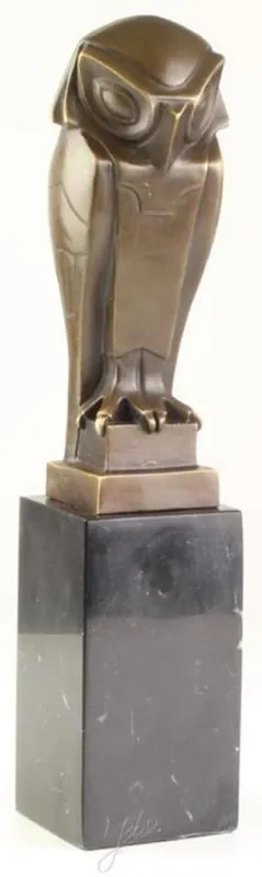 Casa Padrino Art Deco Bronzefigur Eule Bronze / Gold / Schwarz 7,8 x 8,4 x H. 32,7 cm - Deko Skulptur mit Marmorsockel Abverkauf