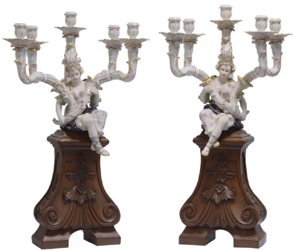 Casa Padrino Jugendstil Kerzenhalter Set Weiß / Braun 35 x 26,6 x H. 68,7 cm - Porzellan Kerzenständer mit Dekofigur und Holzsockel Markenprodukt