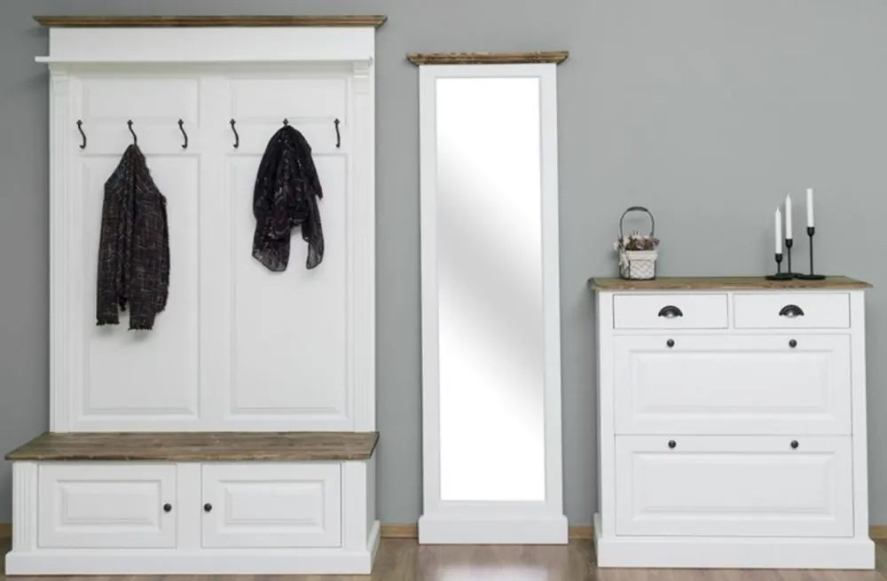 Casa Padrino Landhausstil Massivholz Garderobenmöbel Set Weiß / Braun - Garderobenschrank - Spiegel - Schuhschrank - Möbel im Landhausstil Super-Preis