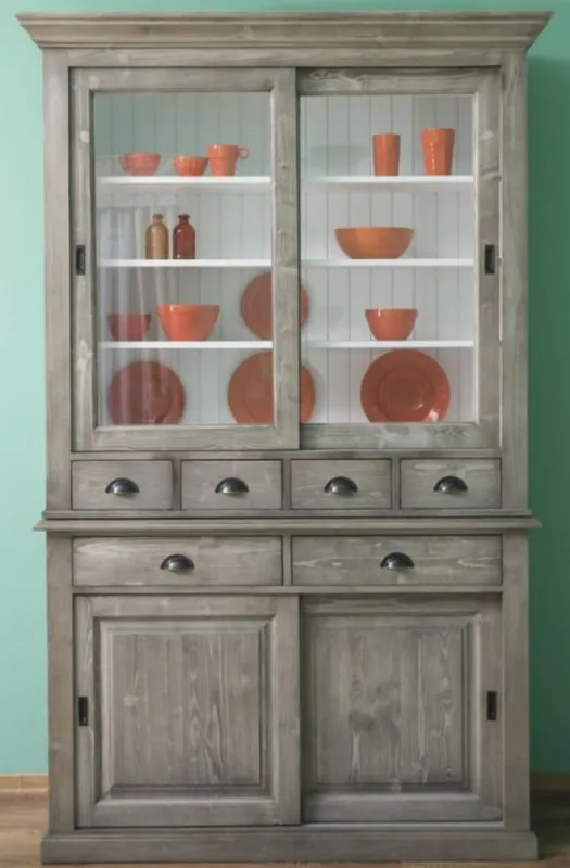 Markenprodukt Casa Padrino Landhausstil Küchenschrank Grau / Weiß 142 x 48 x H. 225 cm - 2 Teiliger Schrank mit 4 Schiebetüren und 6 Schubladen - Landhausstil Küchenmöbel