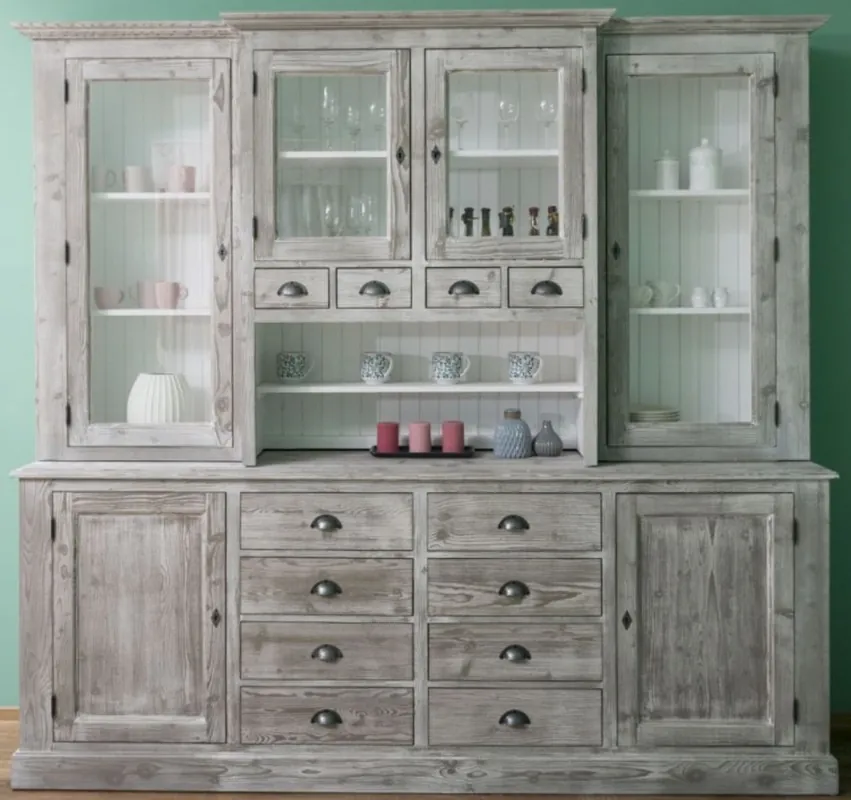 Abverkauf Casa Padrino Landhausstil Küchenschrank Grau / Weiß 244 x 47 x H. 225 cm - 2 Teiliger Schrank mit 6 Türen und 12 Schubladen - Landhausstil Küchenmöbel