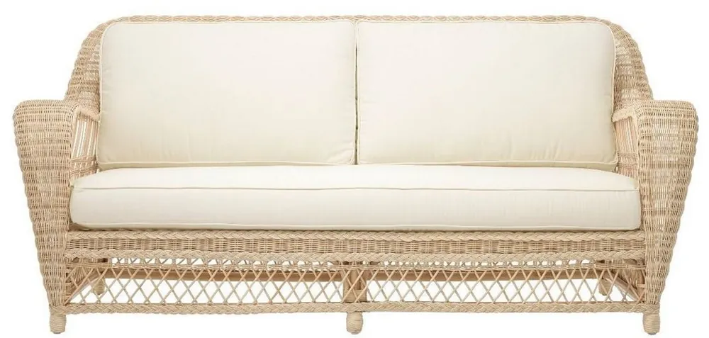 Casa Padrino Luxus Wohnzimmer Sofa mit Kissen Naturfarben / Cremefarben 202 x 99 x H. 97 cm - Gepolsterte Couch mit handgewebtem Rattangeflecht Neue Kollektion