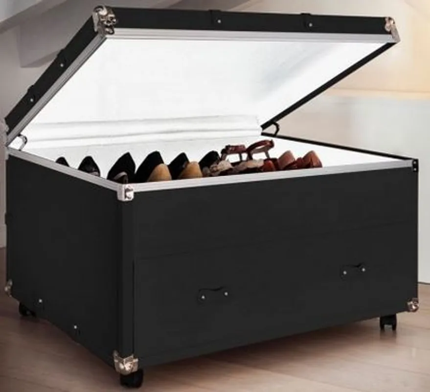Casa Padrino Luxus Koffer Schuhkommode mit Schublade und Rollen Schwarz / Silber 100 x 80 x H. 60 cm - Vintage Stil Kunstleder Schuhschrank - Luxus Qualität Mega-Angebot