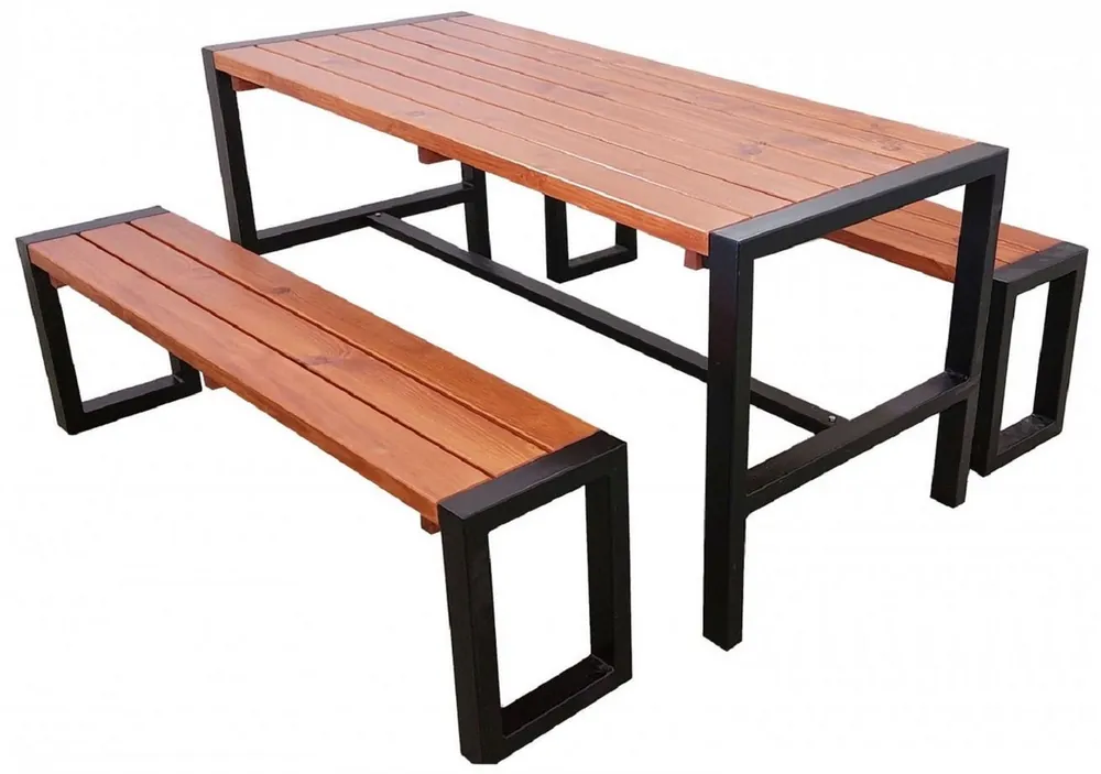 Zertifiziert Casa Padrino Gartentisch mit 2 Sitzbänken Braun / Schwarz - Garten Möbel