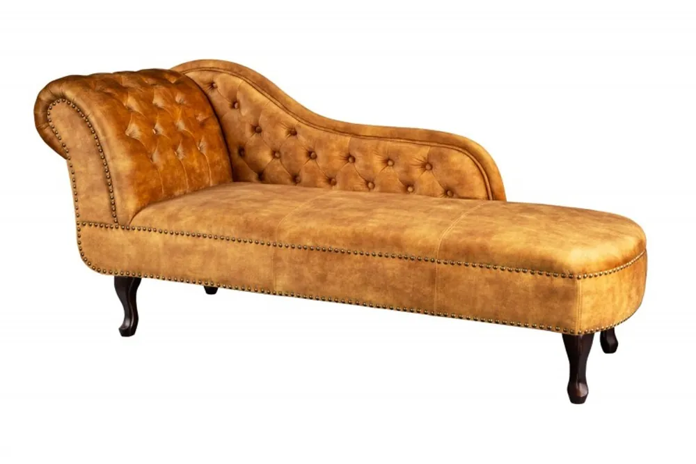 Schneller Versand Chesterfield Chaiselongue Samt senfgelb / Dunkelbraun aus dem Hause Casa Padrino