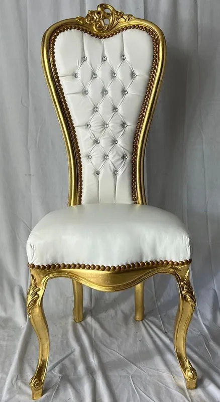 Casa Padrino Barock Thron Stuhl mit Kunstleder und Glitzersteinen Weiß / Gold - Barock Möbel Hochzeit Sessel Beliebt