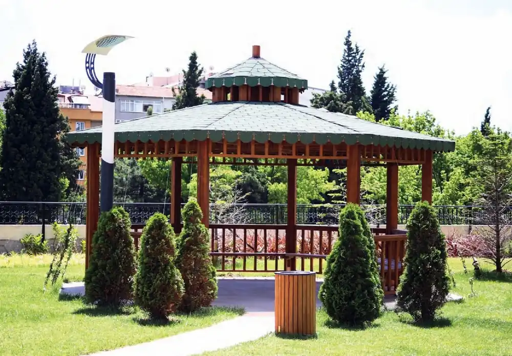 Casa Padrino Pavillon mit Sitzbänken Braun / Grün 600 x 600 x H. 410 cm - Garten & Park Möbel Beliebt