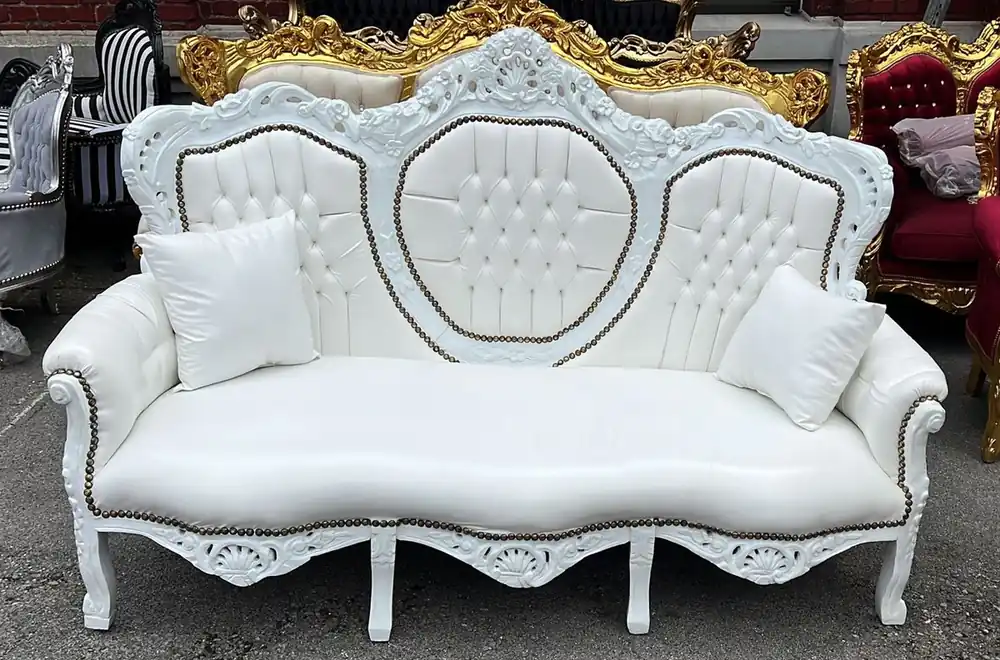 Casa Padrino Barock Kunstleder Sofa Weiß 180 cm - Barock Wohnzimmer Möbel Neuheit