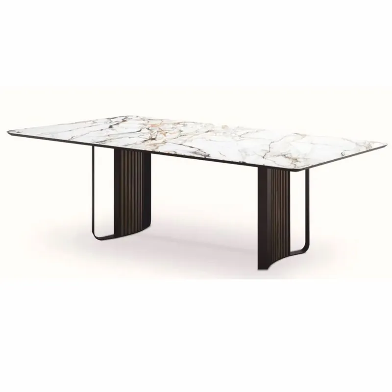 Casa Padrino Luxus Esstisch mit Keramik Tischplatte Weiß / Braun / Bronze 240 cm Schneller Versand