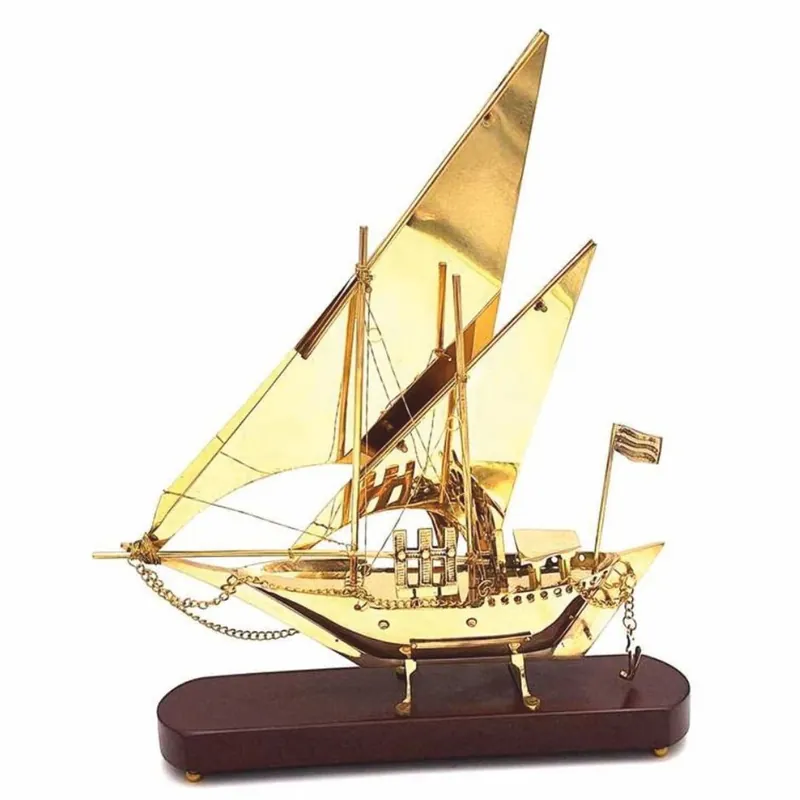 Casa Padrino Deko Messing Segelschiff auf Holzsockel Gold / Dunkelbraun H. 43 cm Expressversand