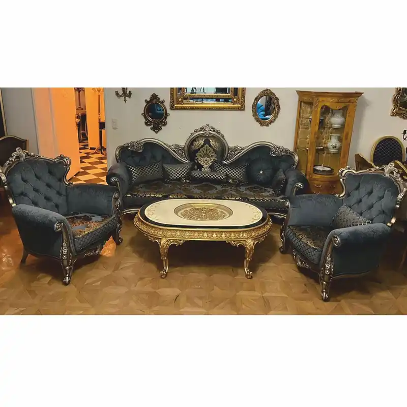 Casa Padrino Luxus Barock Wohnzimmer Möbel Set Blau / Gold / Silber - Barockstil Möbel Markenware