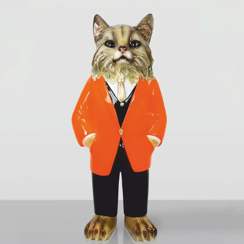 Casa Padrino XXL Deko Skulptur Katze mit Anzug Braun / Orange / Schwarz / Weiß / Gold H. 172 cm Neuheit