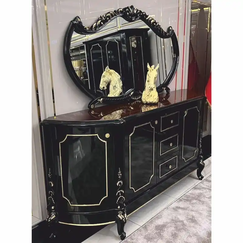 Aktuell Casa Padrino Luxus Barock Sideboard mit Spiegel Schwarz / Dunkelbraun / Gold - Handgefertigte Barock Möbel