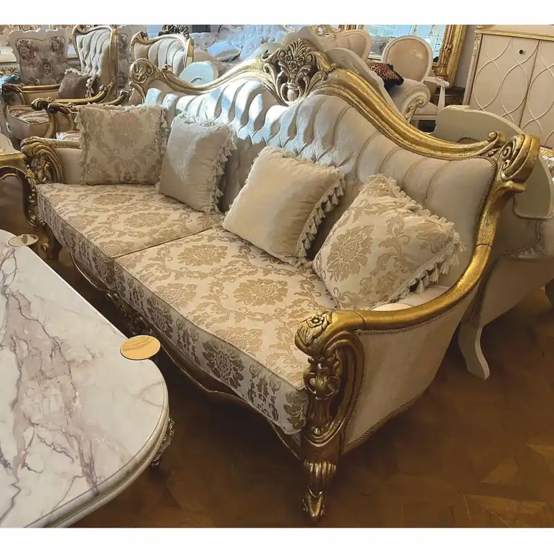 Casa Padrino Luxus Barock Wohnzimmer Sofa Creme / Gold 220 cm - Barock Möbel Echt