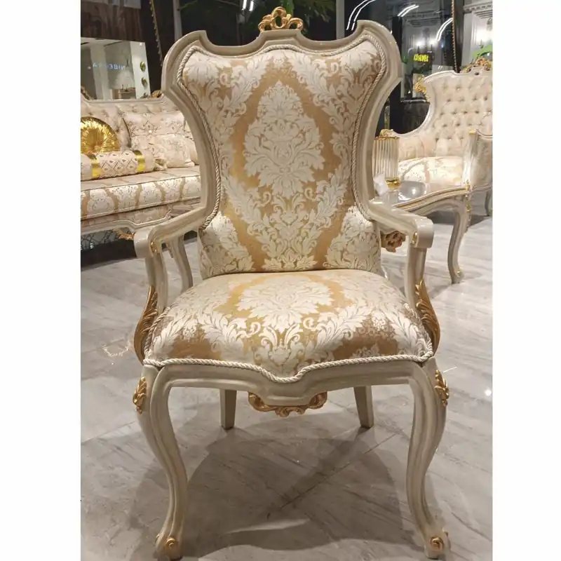Casa Padrino Luxus Barock Esszimmer Stuhl mit Armlehnen Gold / Weiß / Grau / Gold H. 110 cm - Barock Möbel Preisreduziert