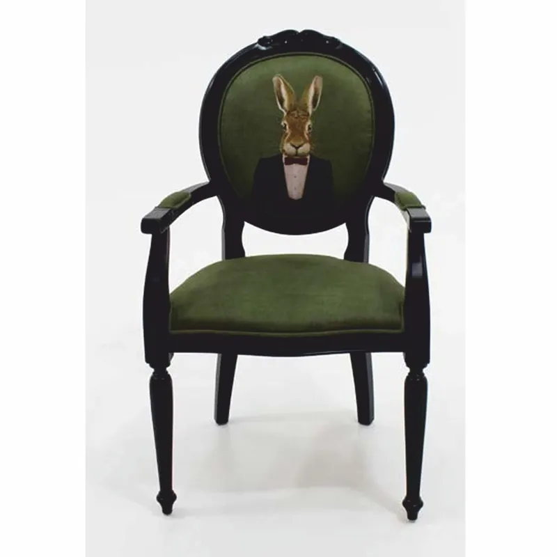 Casa Padrino Luxus Barock Samt Esszimmer Stuhl mit Armlehnen Gentleman Hase Grün / Schwarz Knallerangebot