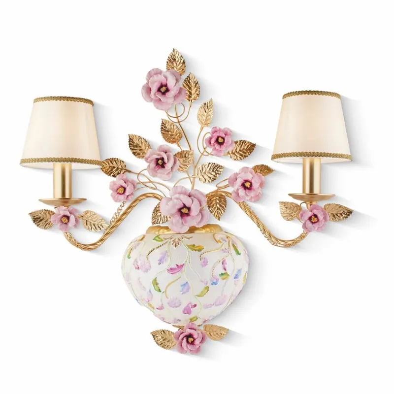 Casa Padrino Luxus Porzellan Doppel Wandleuchte Bunt / Gold / Beige H. 55 cm - Made in Italy Abverkauf