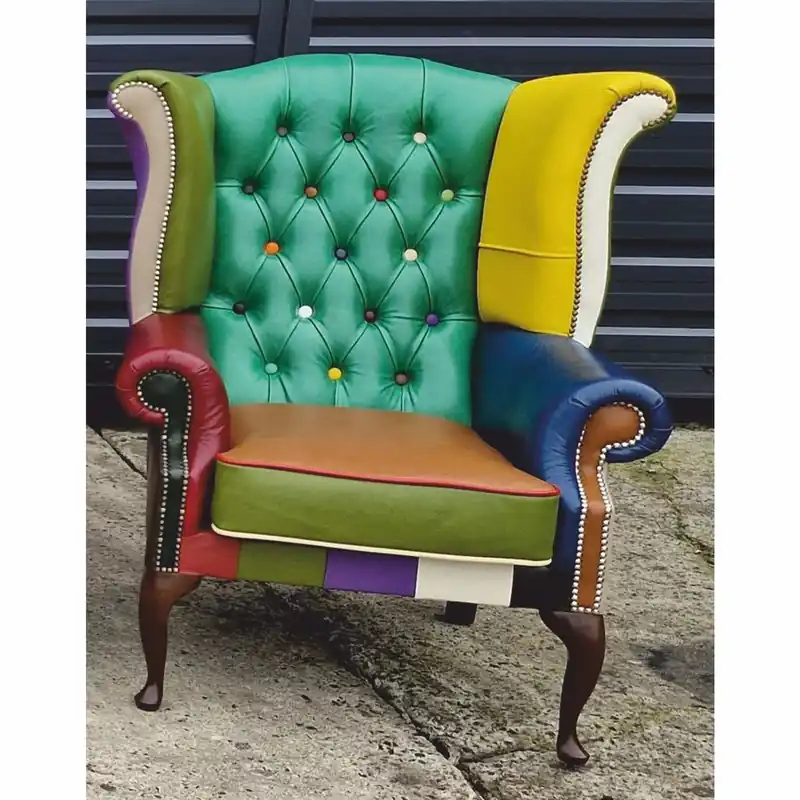 Casa Padrino Luxus Chesterfield Ohrensessel Grün / Bunt / Dunkelbraun - Patchwork Echtleder Möbel Saisonangebot