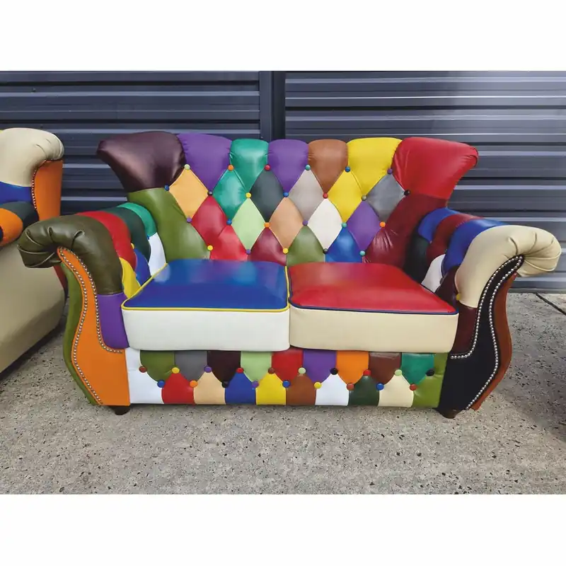 Casa Padrino Luxus Chesterfield Leder 2er Sofa Bunt / Dunkelbraun 150 cm - Patchwork Echtleder Möbel Expressversand