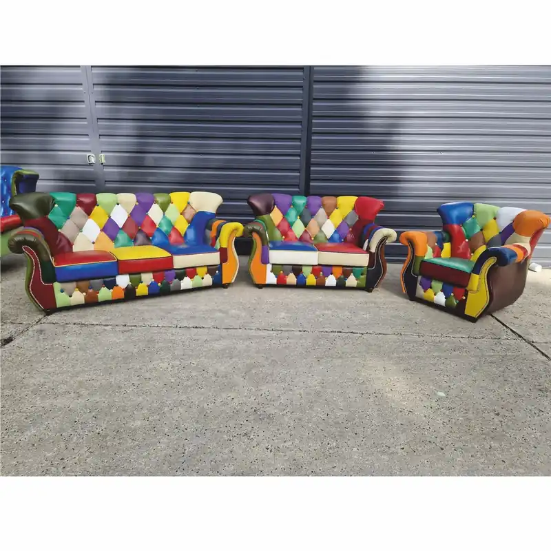 Casa Padrino Luxus Chesterfield Leder Wohnzimmer Set Bunt / Dunkelbraun - Patchwork Echtleder Möbel Neuheit