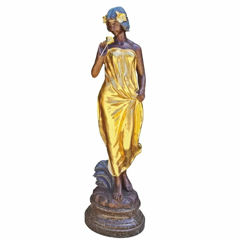 Bestpreis Casa Padrino Jugendstil Garten Deko Messing Skulptur Frau mit Blume Gold / Bronze / Schwarz H. 180 cm