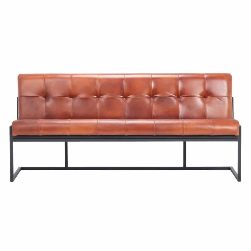 Casa Padrino Luxus Chesterfield Echtleder Sitzbank Hellbraun / Schwarz 200 cm - Echtleder Möbel Markenprodukt
