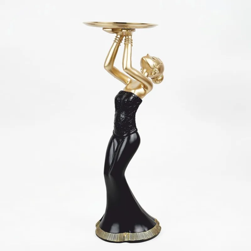 Casa Padrino Deko Figur Dame mit Tablett Schwarz / Gold H. 85 cm - Deko Skulptur Versand Am Gleichen Tag