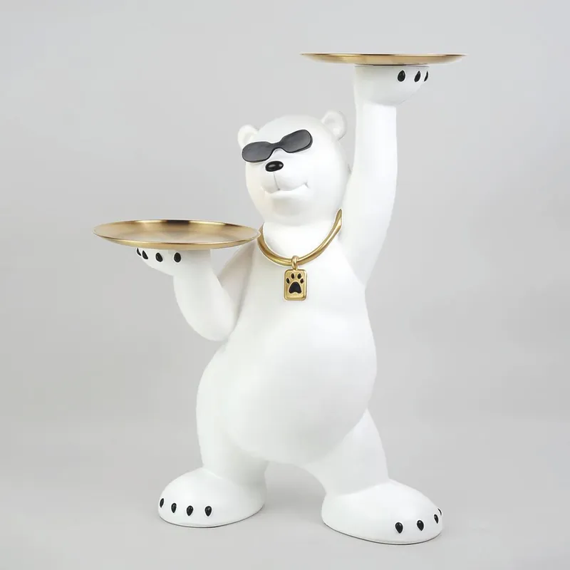 Casa Padrino Deko Figur Bär mit 2 Tabletts Weiß / Schwarz / Gold H. 78 cm - Deko Skulptur Solange Der Vorrat Reicht