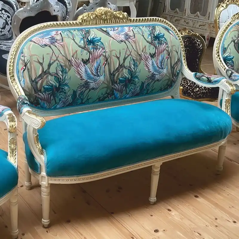 Bestpreis Casa Padrino Barock 2er Sofa Blau / Bunt / Weiß / Gold 150 cm - Barock Möbel