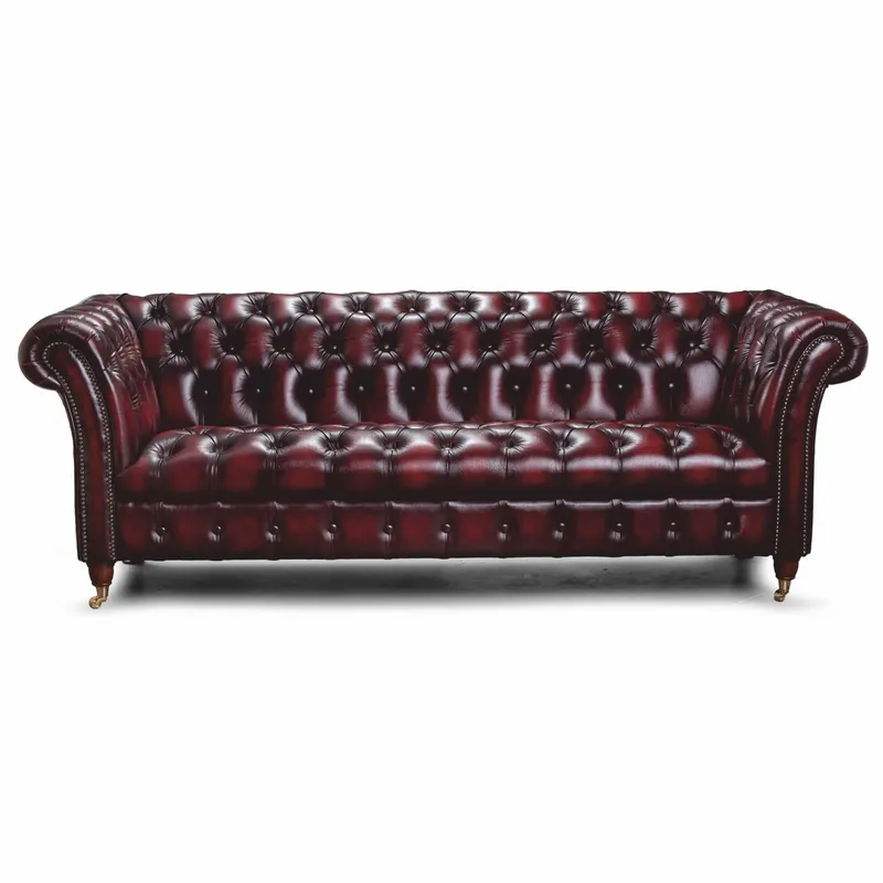 Casa Padrino Luxus Chesterfield Leder 3er Sofa Dunkelweinrot / Messing 235 cm - Echtleder Möbel Neu Im Sortiment