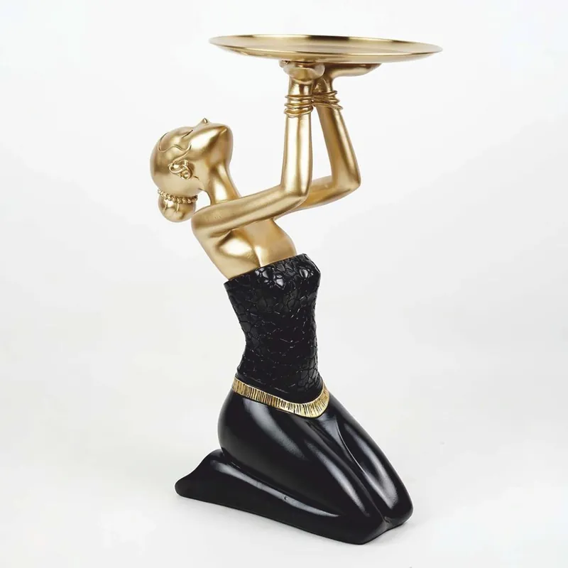 Casa Padrino Deko Figur Dame mit Tablett Schwarz / Gold H. 66 cm - Deko Skulptur Heißes Angebot