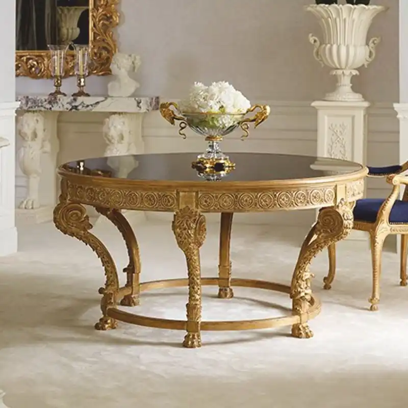 Rabatt Casa Padrino Luxus Barock Esstisch mit Glasplatte Naturfarben / Schwarz Ø 142 cm - Made in Italy