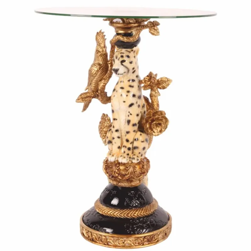 Casa Padrino Barock Beistelltisch Leopard mit Glasplatte H. 51,5 cm - Barock Möbel Knallerangebot