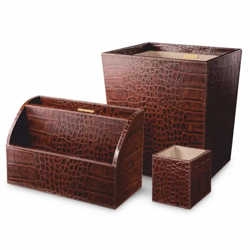 Casa Padrino Luxus Echtleder Schreibtisch Set Antik Braun - Schreibtisch Accessoires Markenprodukt